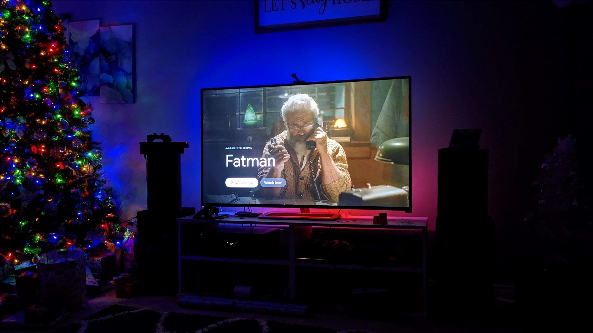 A preview image for the movie &quot;Fatman&quot; with the Immersion glowing blue and pink behind the TV