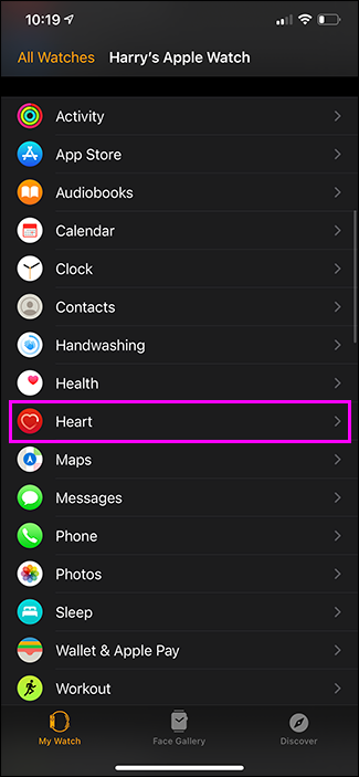 heart option highlighted in watch app
