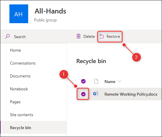  The &quot;Restore&quot; option in the recycle bin.