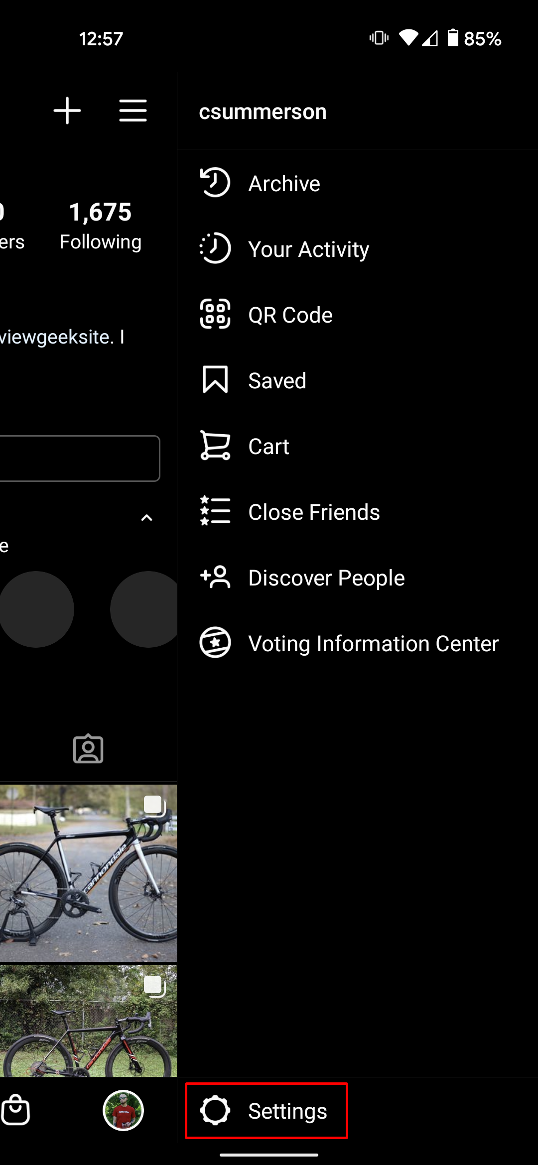 A screenshot of the Instagram menu highlighting the settings button