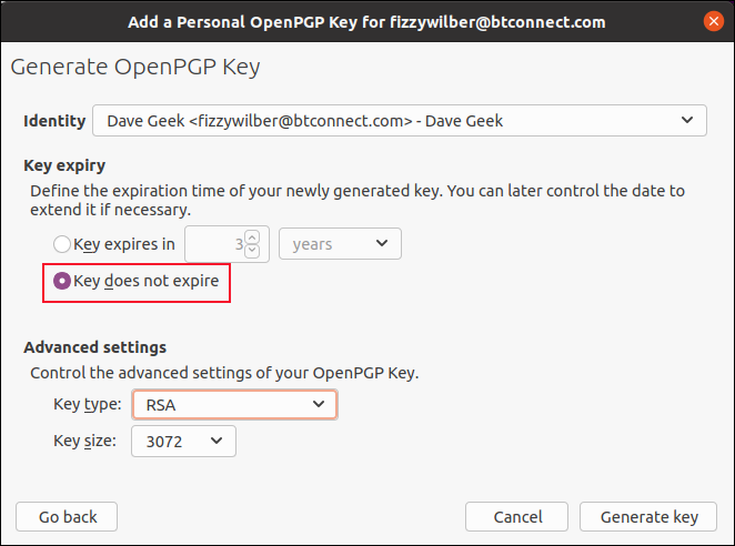 The Generate OpenPGP Key options dialog box