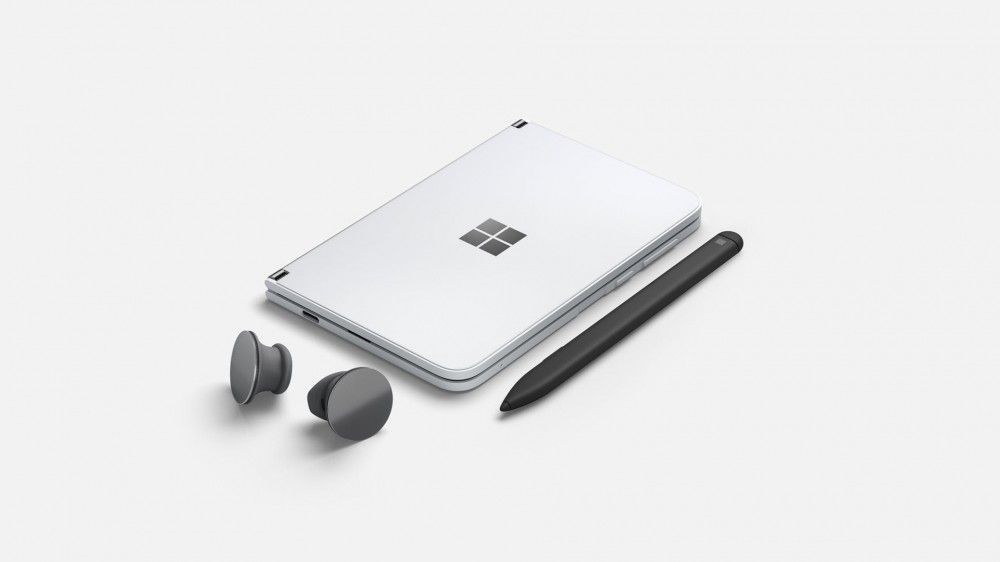 A photo of Microsoft's Surface Duo, a dual-screened Android smartphone.