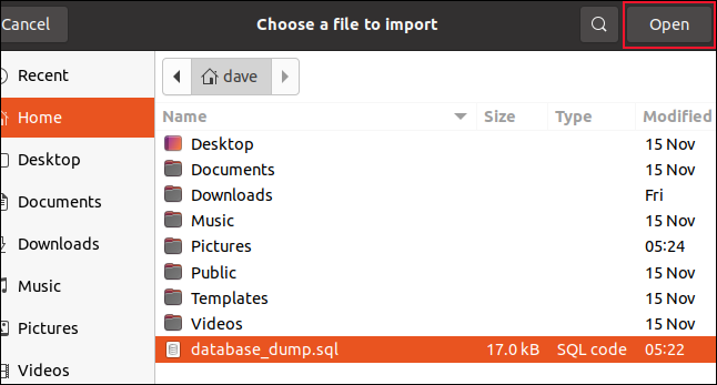 File section dialog with "database_dump.sql" selected