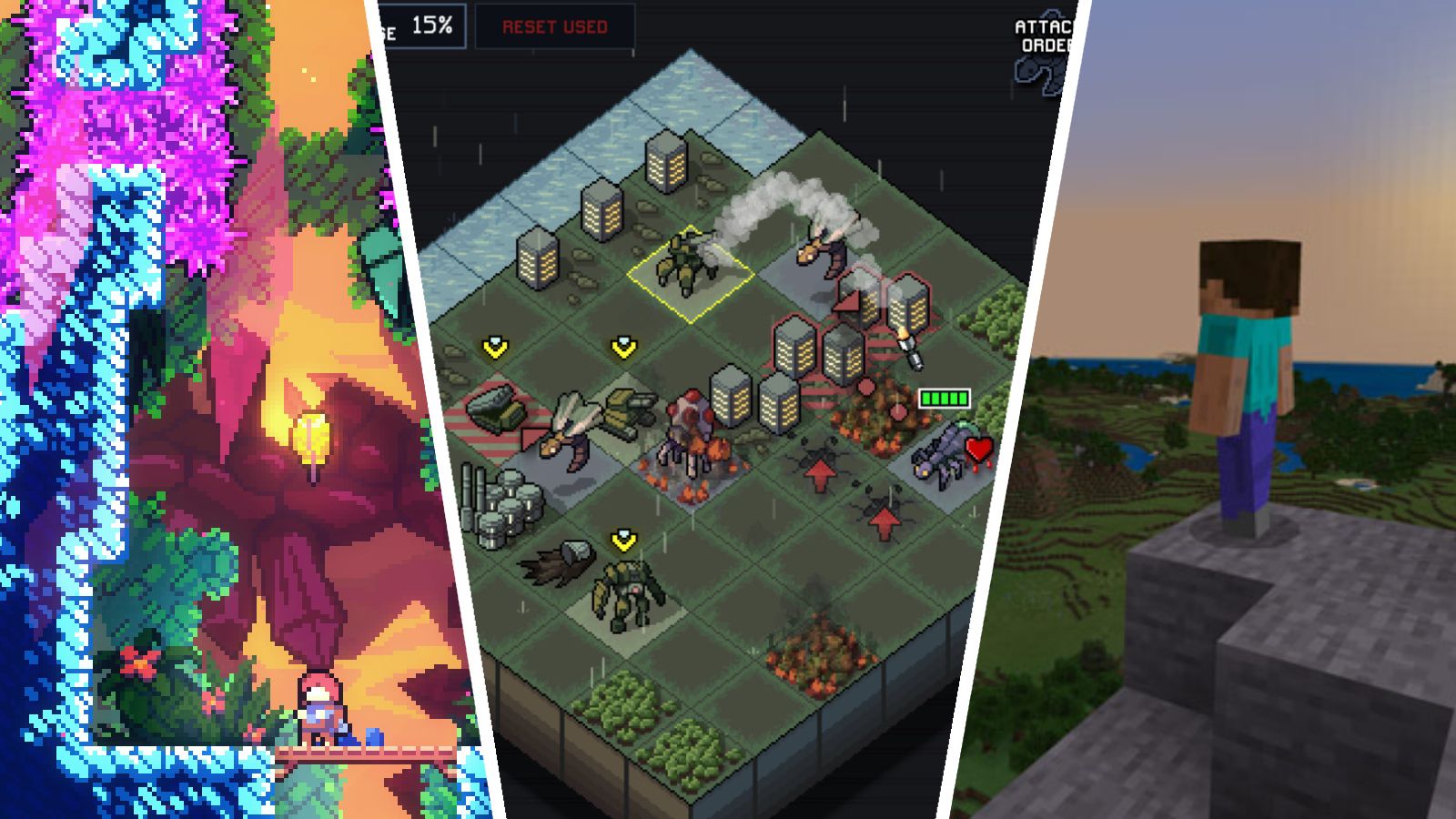 Screenshots of Celeste, Into the Breach, and Minecraft in a collage