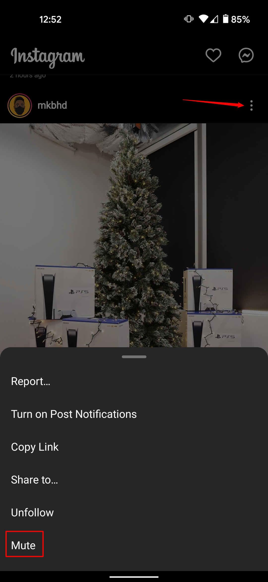 A screenshot showing the menu and mute functions on Instagram