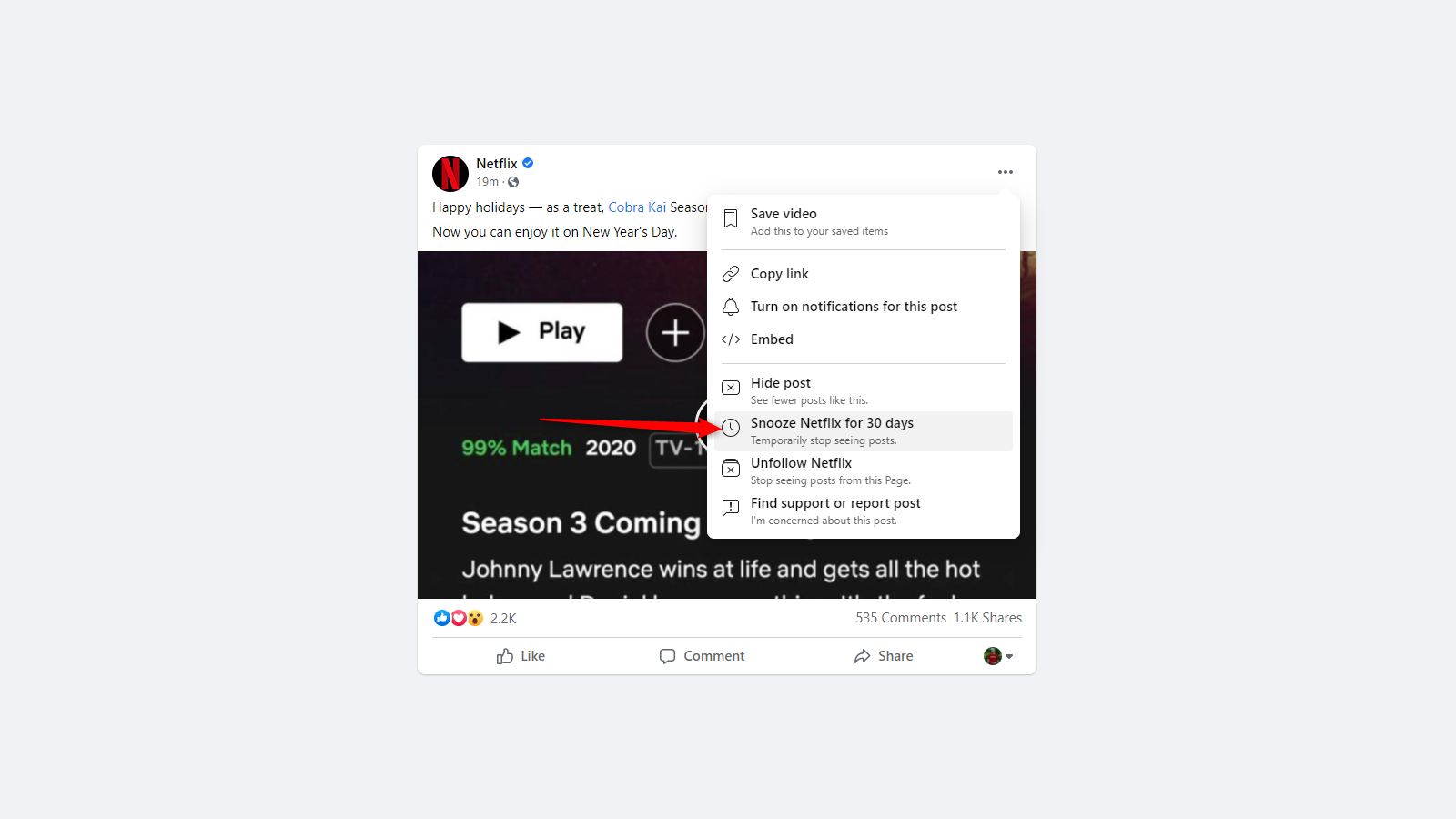 A screenshot of the &quot;snooze for 30 days dialog&quot; on Facebook.