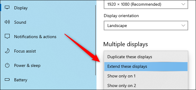 The Windows 10 Settings app showing the option to adjust multiple displays.