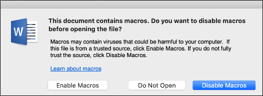 Enable or disable or macros message for mac