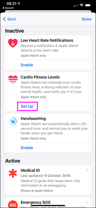 set up cardo fitness levels option in health app