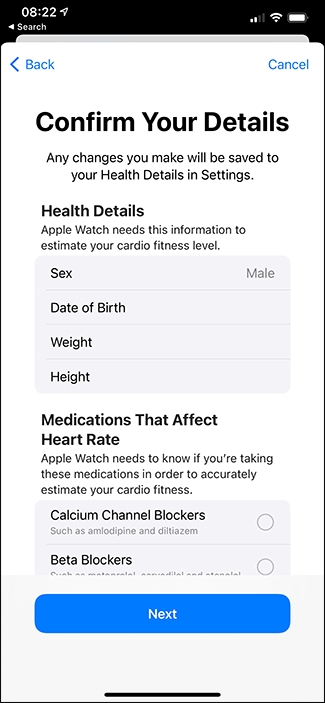 confirming details for cardio fitness levels