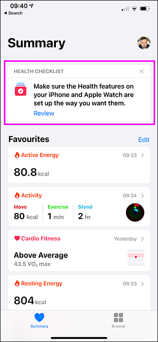 review health option in health app