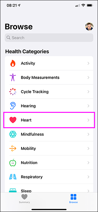 selecting heart option in health app