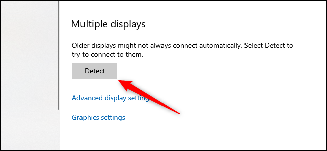 The Windows 10 settings app with the detect multiple displays button visible.