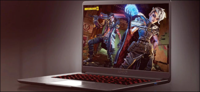 A computer render of a Ryzen 4000 laptop in purple with a Borderlands 3 wallpaper.