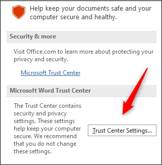 Trust Center Settings button