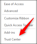 Trust Center option in Word options window