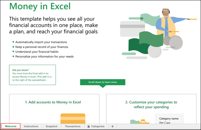 Welcome Tab in Money In Excel