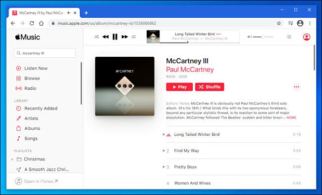 Music playing in the Apple Music web player in Chrome on Windows 10.