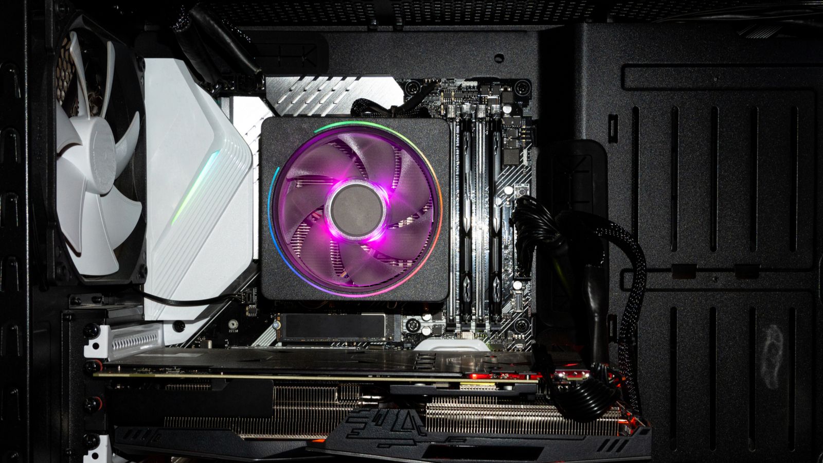 Close up of processor cooler inside of gaming PC