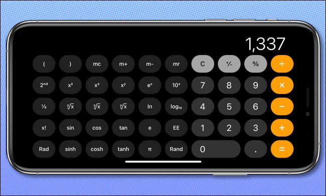 The iPhone Calculator app in a horizontal orientation, showing scientific mode.