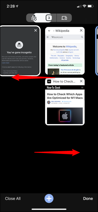 Swipe left or right on Chrome's tab thumbnail screen