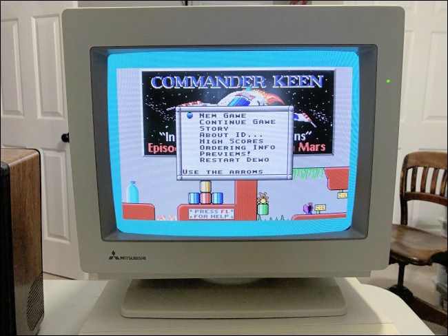 Commander Keen's menu on a real EGA monitor and PC.