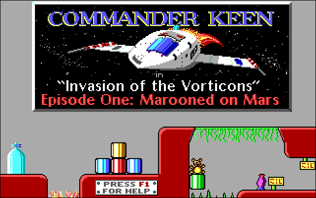 The title screen of Commander Keen: Invasion of the Vorticons Episode One: Marooned on Mars.