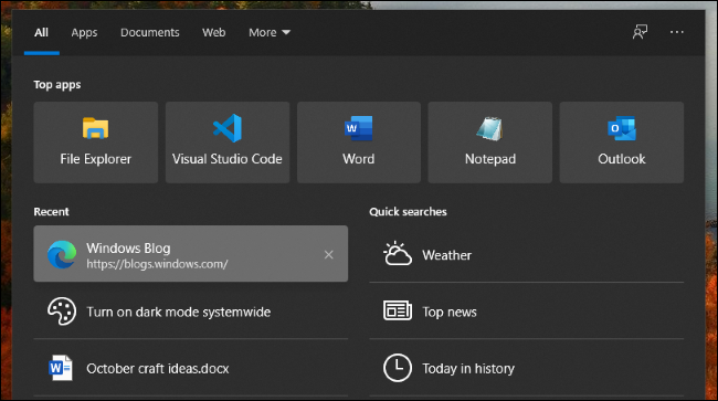 Dark Mode and history entries in Windows 10's search interface.