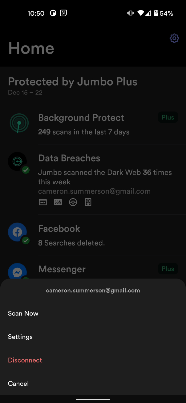 A screenshot of Jumbo Privacy's Facebook options