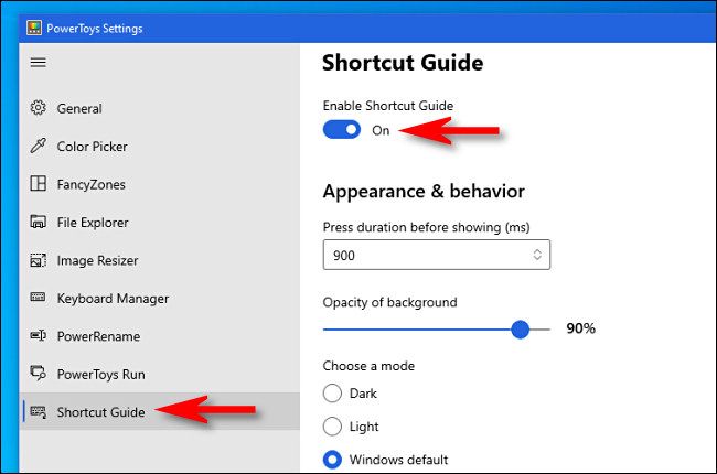 Click "Shortcut Guide" in the sidebar then make sure "Enable Shortcut Guide" is set to "On."