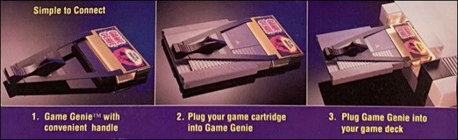 Photos of using the NES Game Genie from the Galoob box art.