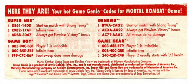 Game Genie update codes for Mortal Kombat.