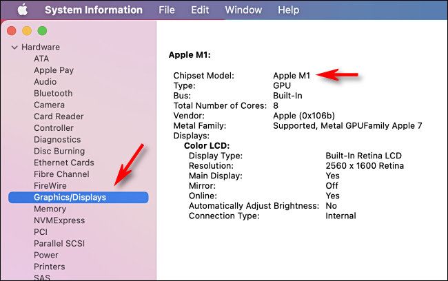Detailed information on Graphics in the System Information app on an Apple Silicon Mac.