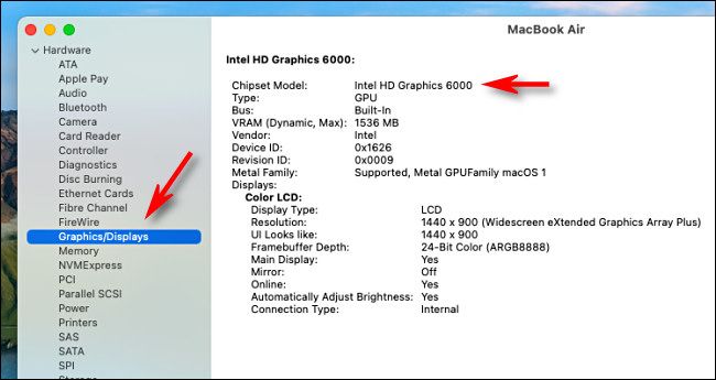 Detailed information on Graphics in the System Information app on an Intel Mac.