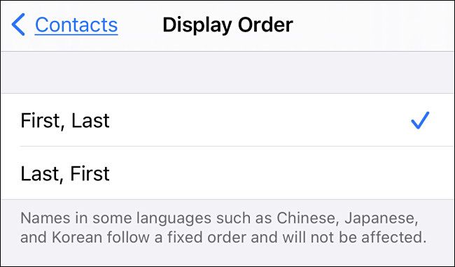 Choose a name display order in Contacts Settings on iPhone or iPad