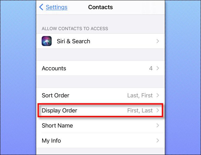 In Contacts Settings on iPhone or iPad, tap 