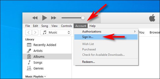 In iTunes for Windows, select "Account," then "Sign In."