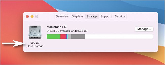 In the "Storage" tab, you'll see your internal drive size listed.