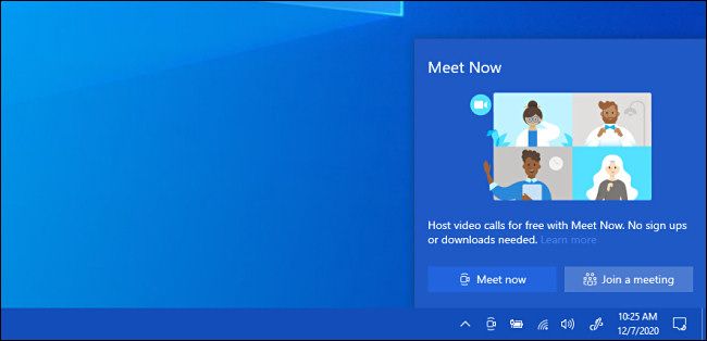 The Windows 10 "Meet Now" popup window