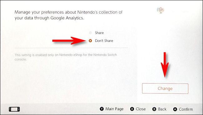 On the Nintendo eShop Google Analytics options page, select "Don't Share," then select "Change."