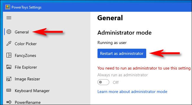 Click "General," then click "Restart as Administrator."