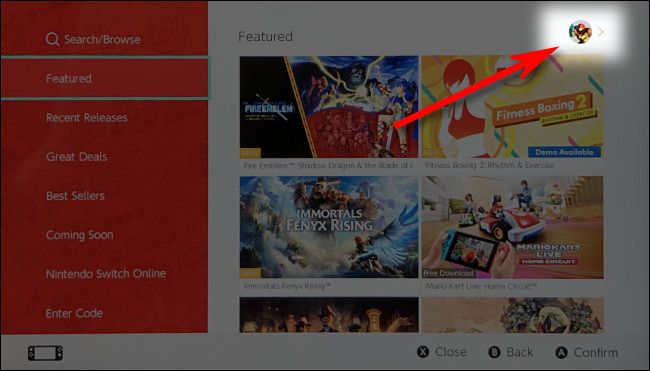 In the Nintendo Switch eShop, tap your account icon to access account information.