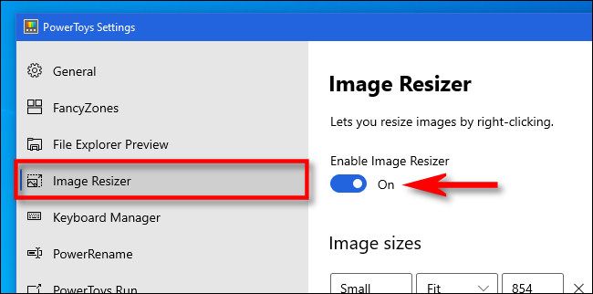Open PowerToys and click "Image Resizer," then make sure the switch is set to "On."
