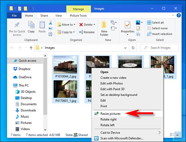 Select images in File Explorer, then right-click and and select "Resize pictures."