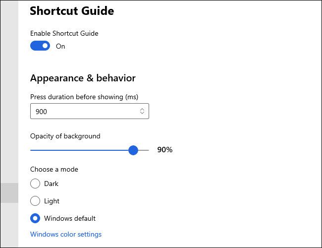 The Microsoft PowerToys Shortcut Guide Settings