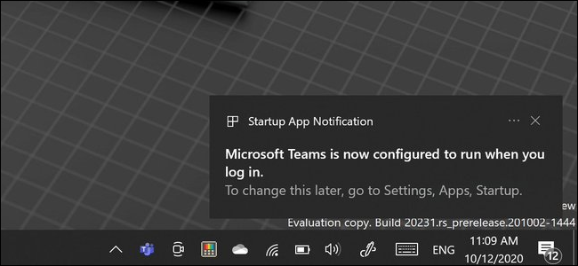 The new startup app notification on Windows 10.