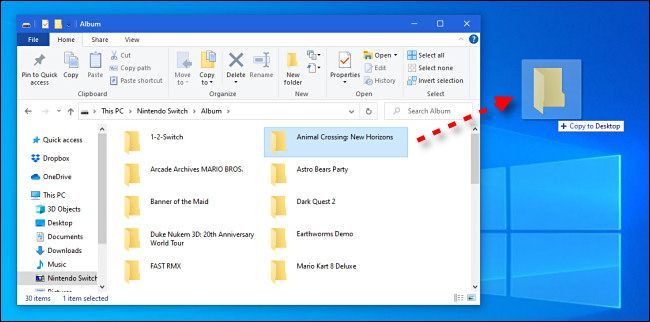 To copy images from the Switch to your PC, drag and drop the files or folders.