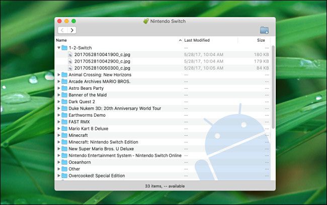 A list of Switch screenshots and videos sorted by folder as seen by Android File Transfer on the Mac.