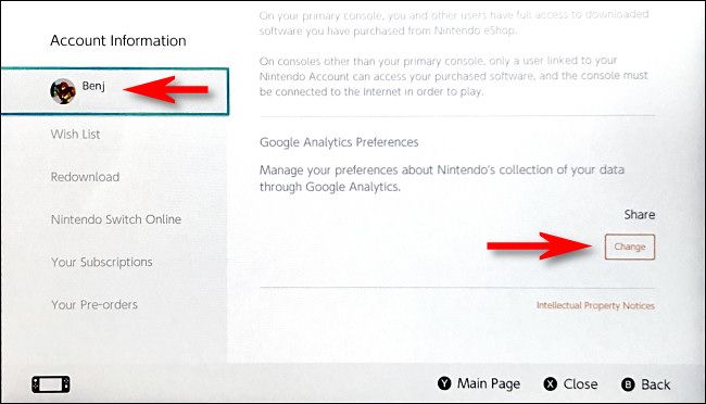 On the account information screen, scroll down to the bottom of the page to the Google Analytics section and tap "Change."