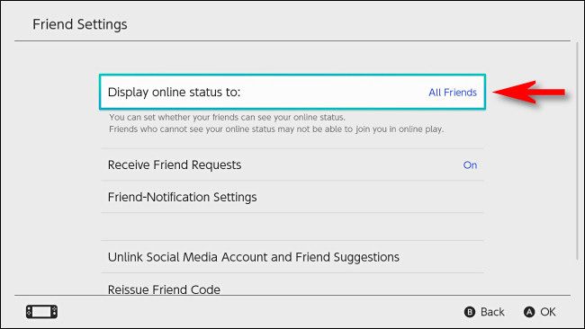 In Switch user settings, select "Display online status to."